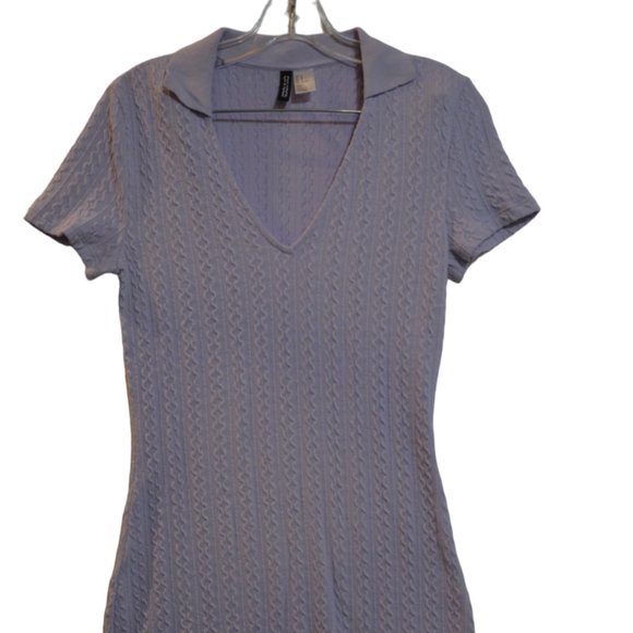DIVIDED H&M Knit Wafle Texture Lilac Deep-V-Neck Polo-Collar Short-Sleev Dress M - Picture 4 of 5